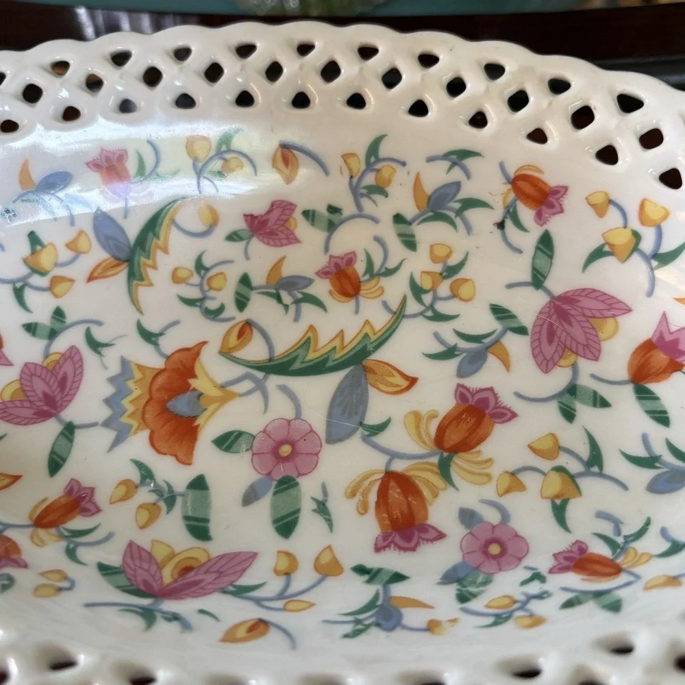 Vintage Retriculated Lace Rim Oval Dish Bright Happy Flowers 10